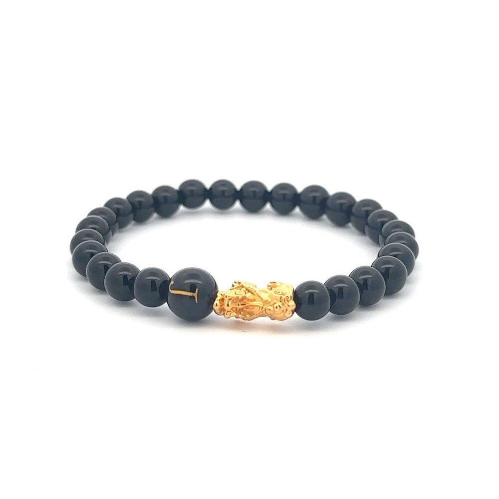 18K Gold Pixiu Piyao Bracelet Gemstones Onyx 6mm Elastic Bracelet Letter J